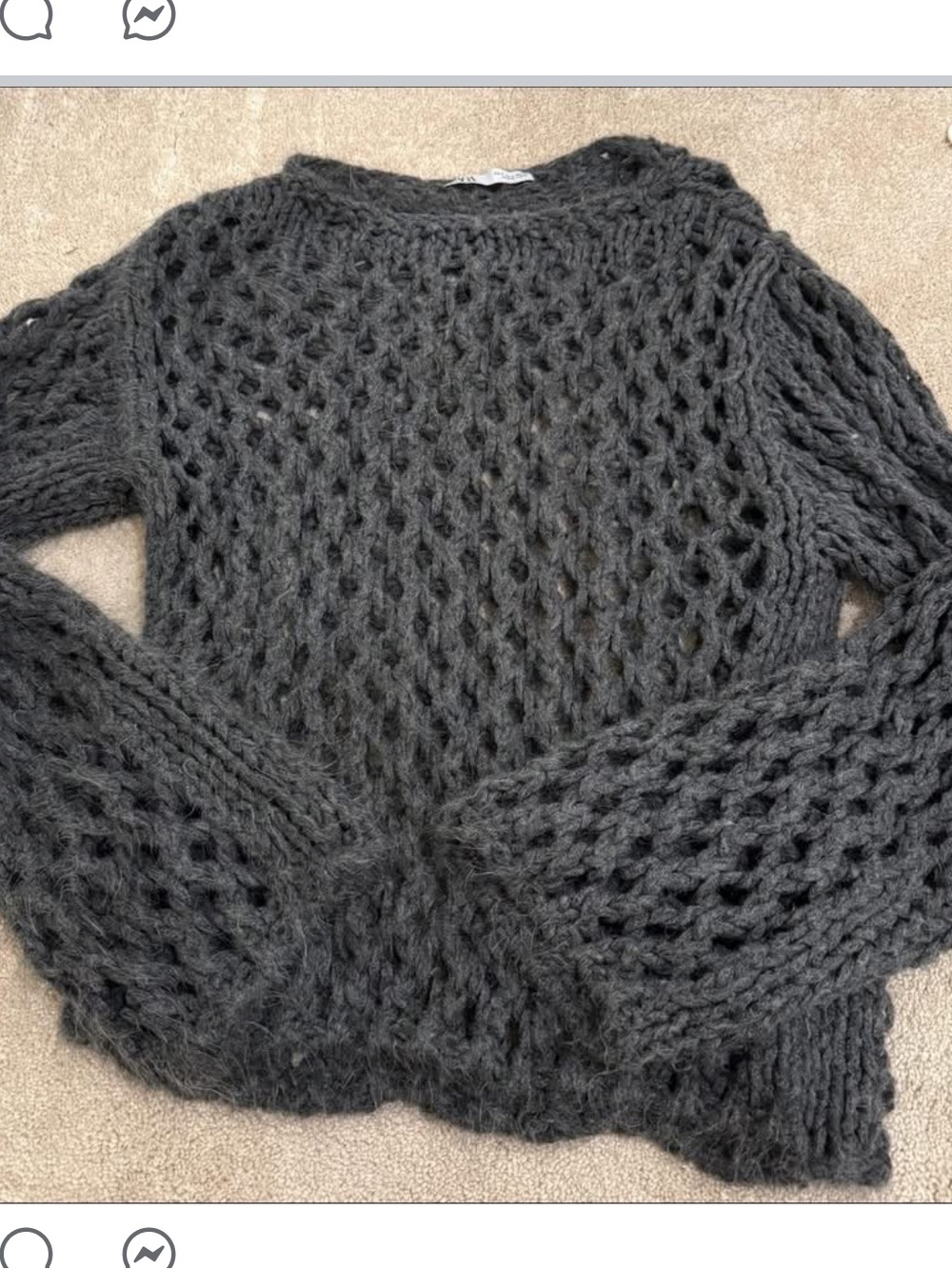 Zara Chunky Open-Knit Crewneck Sweater - Charcoal Gray
